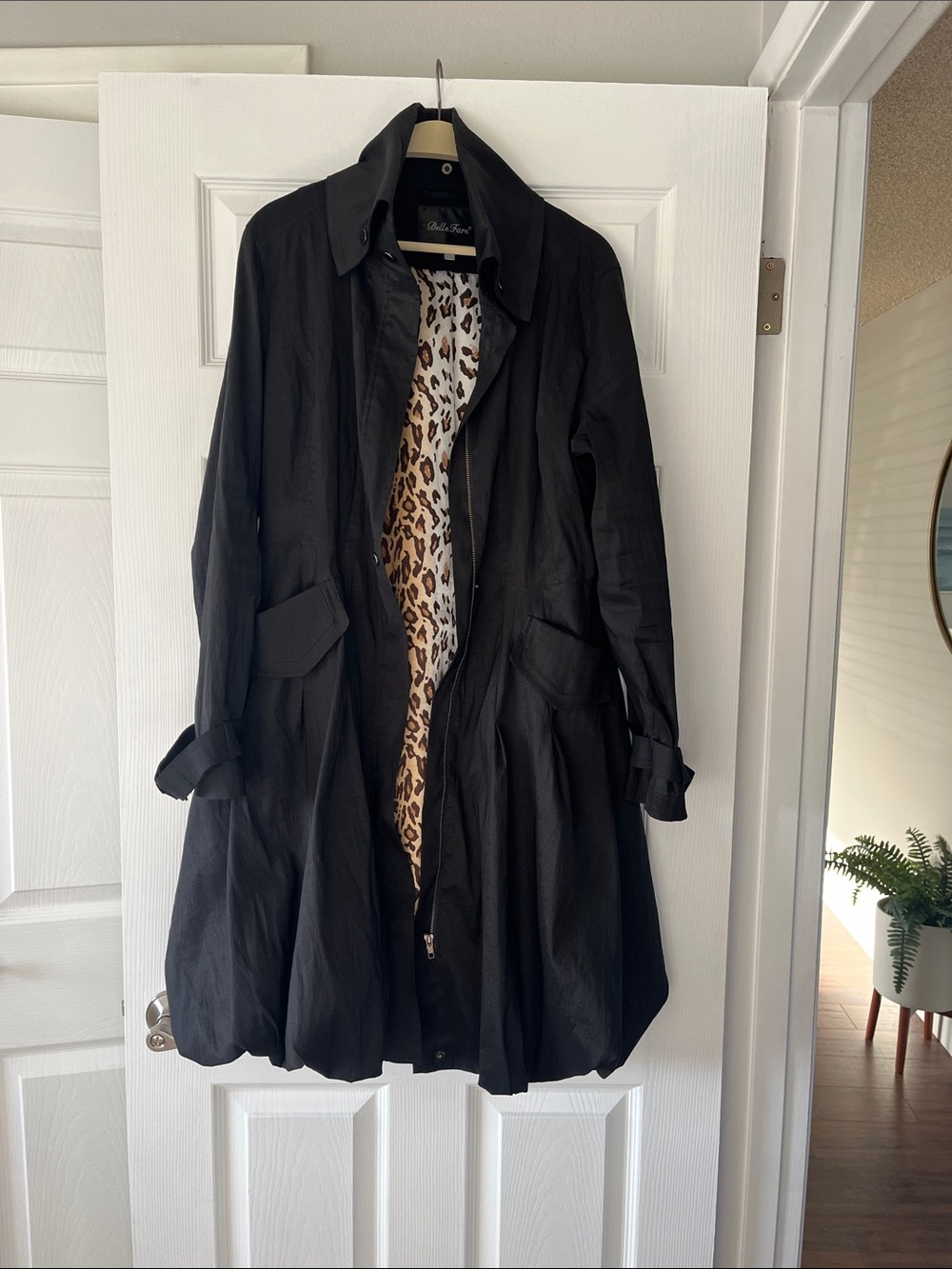 Belle Fare Black microfiber Bubble Trench Coat with Leopard satin Lining
